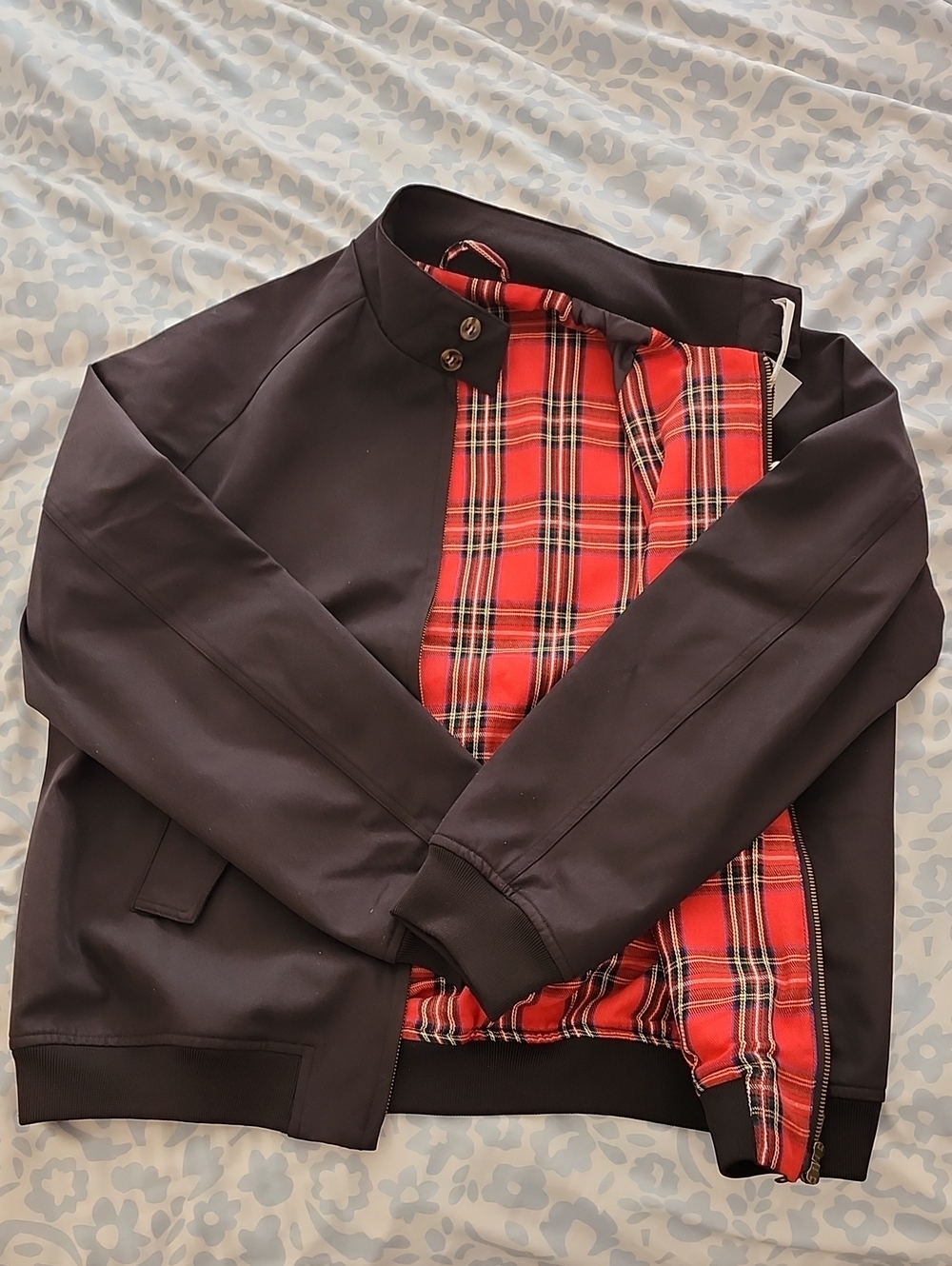 Men's Black Bomber Jacket with Red Plaid Lining